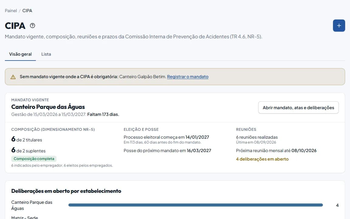 Tela de CIPA no painel do Segura