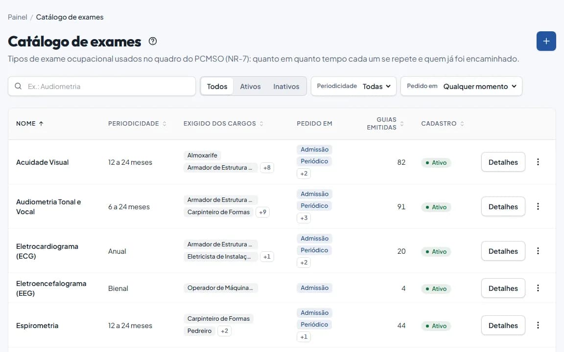 Tela de Saúde ocupacional (exames) no painel do Segura