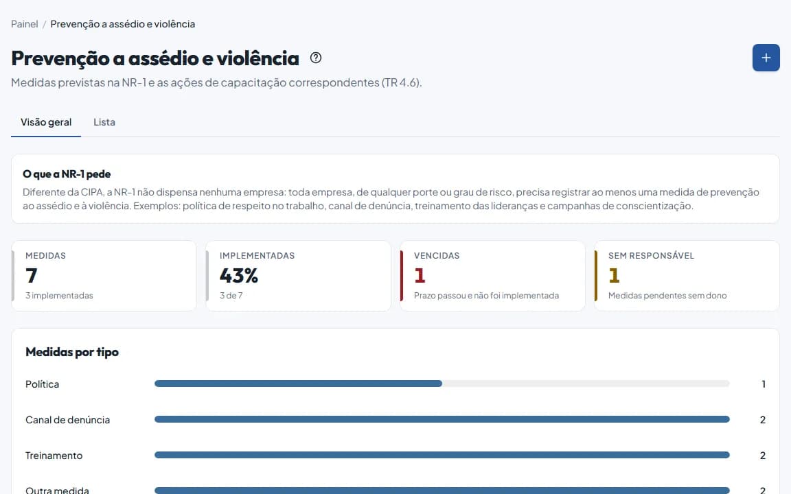 Tela de Prevenção a assédio e violência no painel do Segura